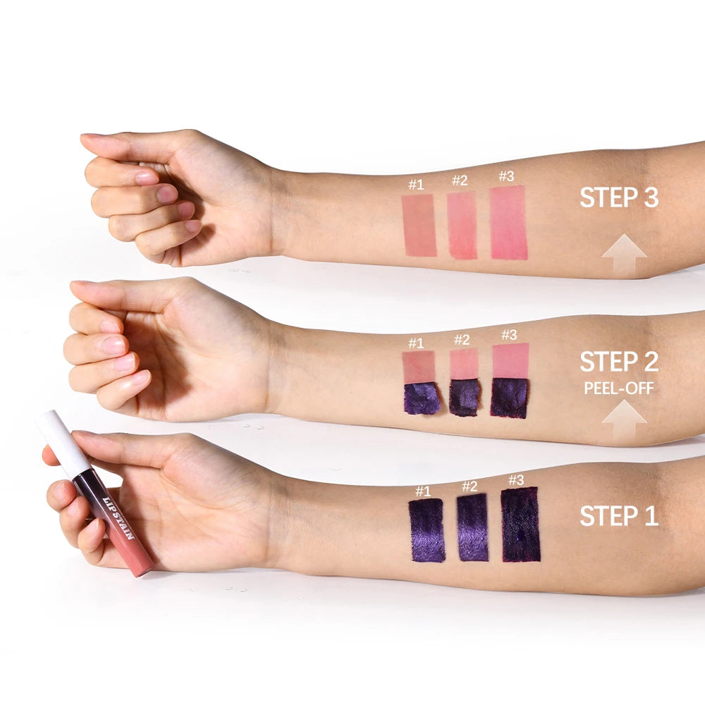 3-color waterproof peel-off lip stain showing application steps from dark pigment to long-lasting pink lip tint results.
