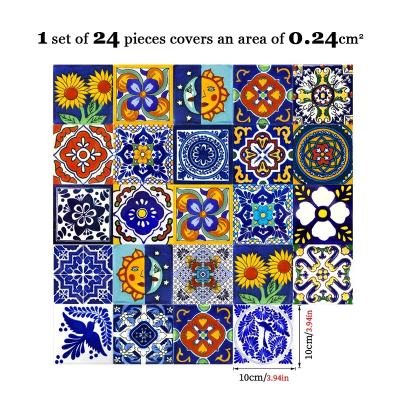 Set of peel-and-stick backsplash tile stickers with blue and yellow floral talavera motifs