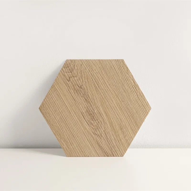 Hexagon wood-grain vinyl peel-and-stick floor tile, tan oak tone with vertical grain lines