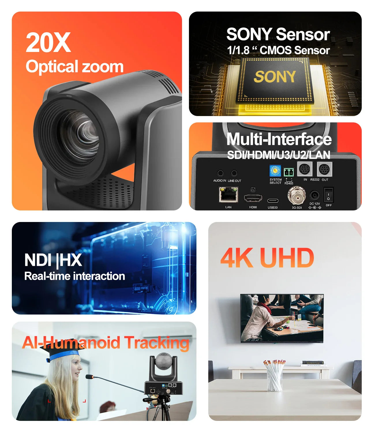 Runpu 4K60FPS NDI Camera POE 12X 20X Zoom AI Tracking PTZ Camera SDI HDMI USB POE IP Conference Camera for Church Live Streaming
