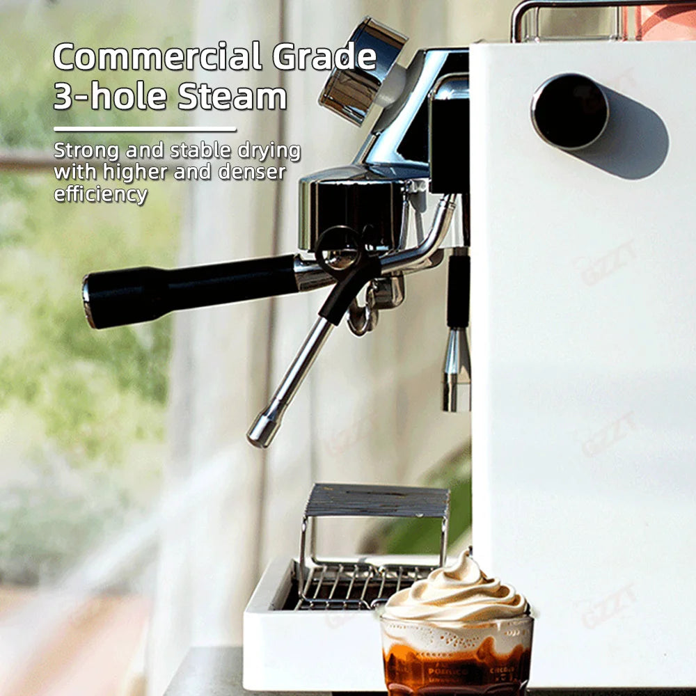 GZZT white commercial espresso machine with chrome 3-hole steam wand and portafilter, brewing coffee with foam.