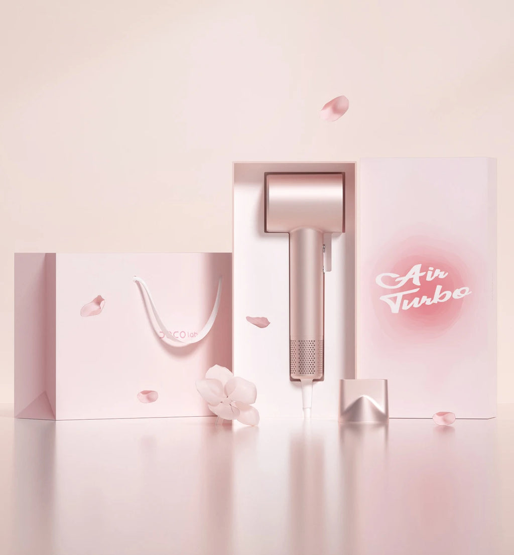 DOCO high-speed rose gold ionic hair dryer with styling nozzle in premium gift box set for professional home hair care.