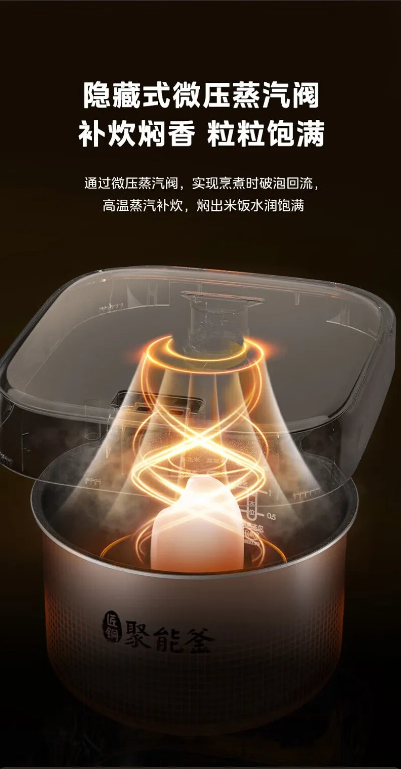 Rice cooker with transparent steam cover, heating visible inside