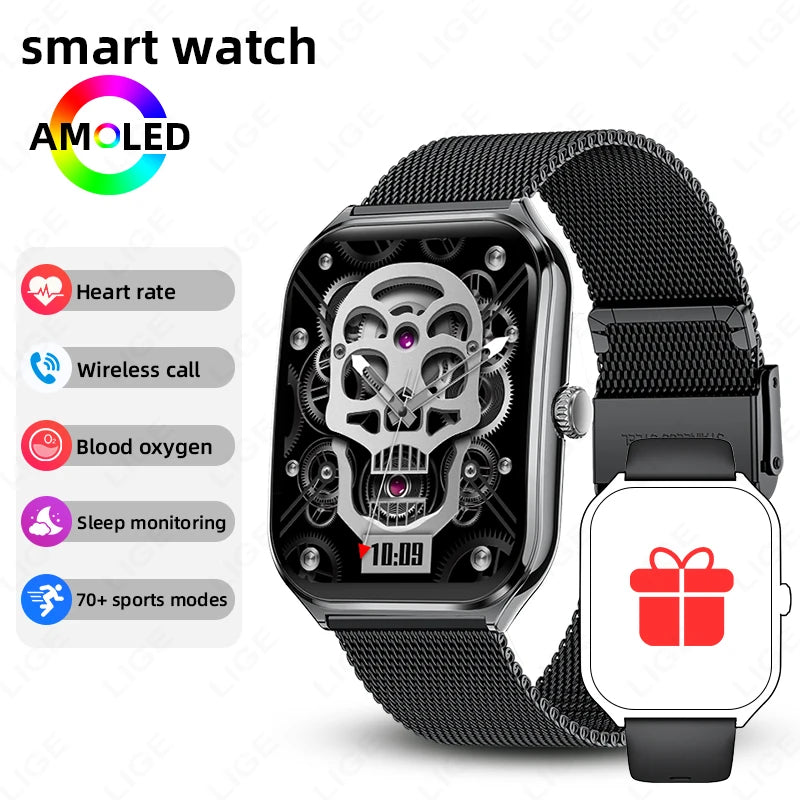 AMOLED smartwatch with black mesh metal strap and black skeleton-style watch face