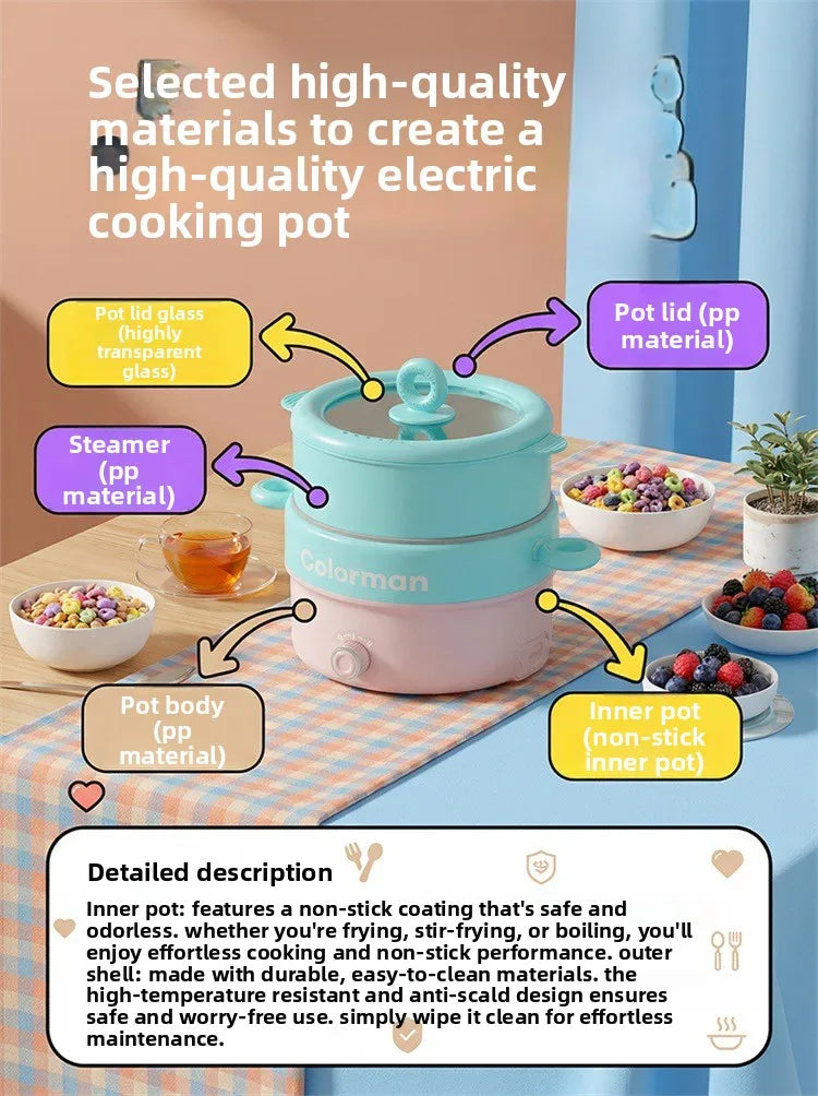 Blue electric cooking pot with transparent lid and dual side handles