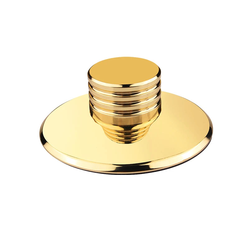 Gold LP record weight clamp with stacked stainless finish, smooth base