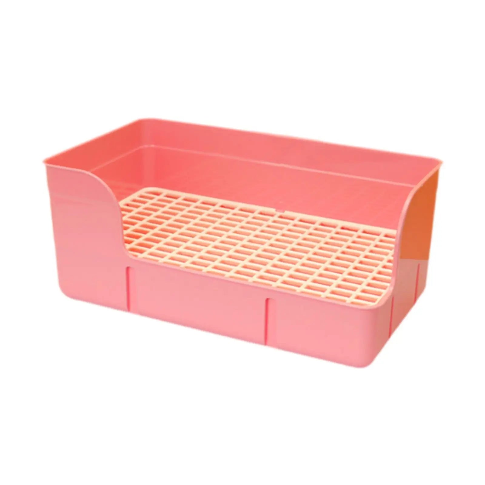 Pink plastic rabbit litter box with grid tray for small pets like hamsters, ferrets, and chinchillas. Easy to clean.