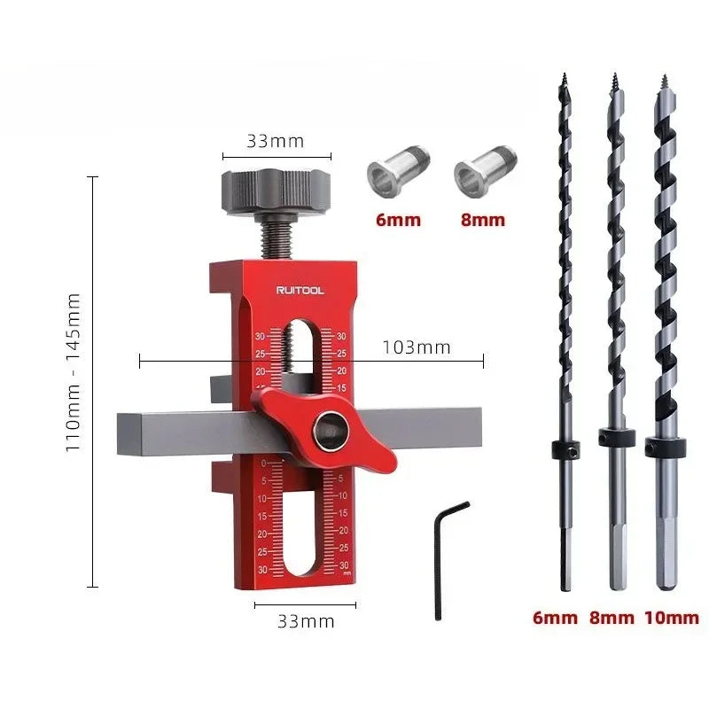 Red and gray dowel drilling jig with three drill bits labeled 6mm, 8mm, 10mm
