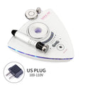 White, triangular RF skin lifting machine with a metal wand, intensity controls, and a US power plug.