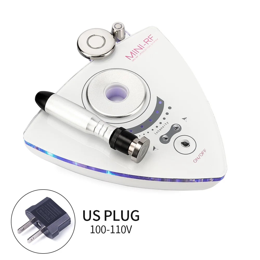 White, triangular RF skin lifting machine with a metal wand, intensity controls, and a US power plug.