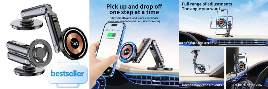 15W Electric Rotating Magnetic Wireless Charger Time Display Charging Station for iPhone 16 15 14 13 12 11 Watch AirPods Pro