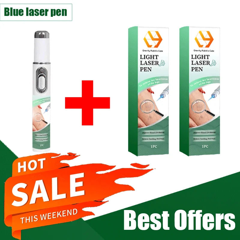 Blue light laser therapy pen for spider veins and varicose vein relief. Handheld device with green product packaging.