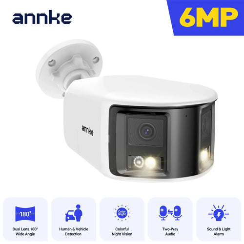 White dual-lens outdoor security camera with two front lenses and mounting bracket