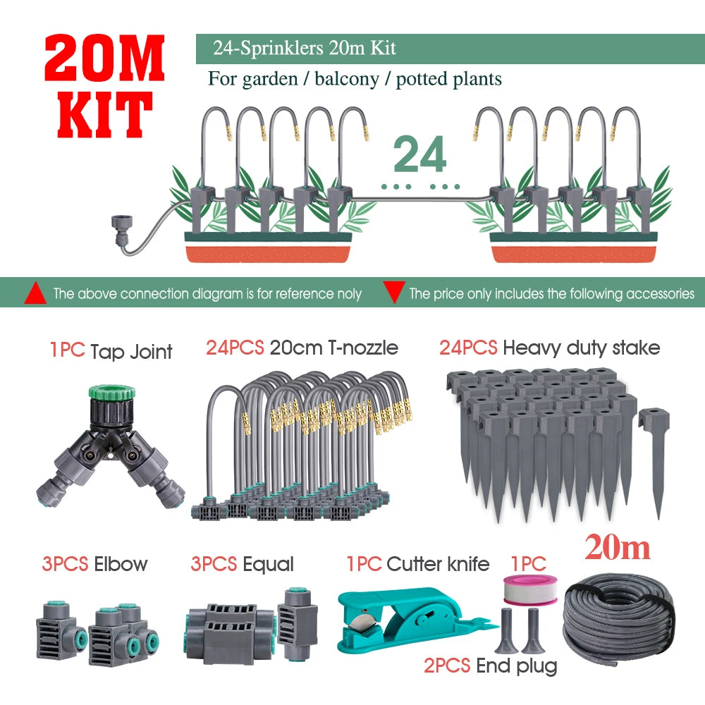 20m garden misting kit with 20cm t-nozzles, stakes, connectors, end plug, and hose