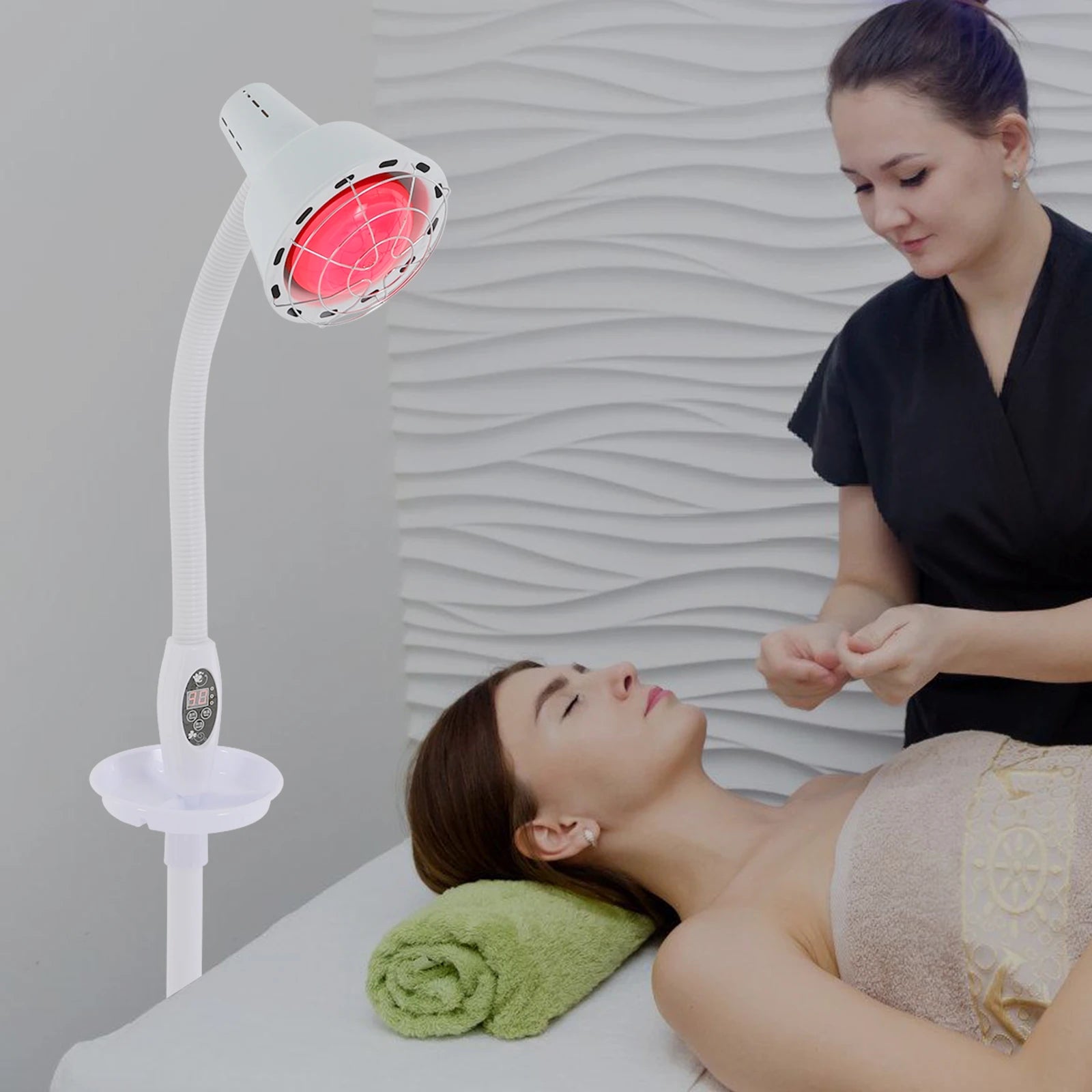 White 275W infrared heat therapy lamp with adjustable neck and timer, used for muscle pain relief in a spa setting.