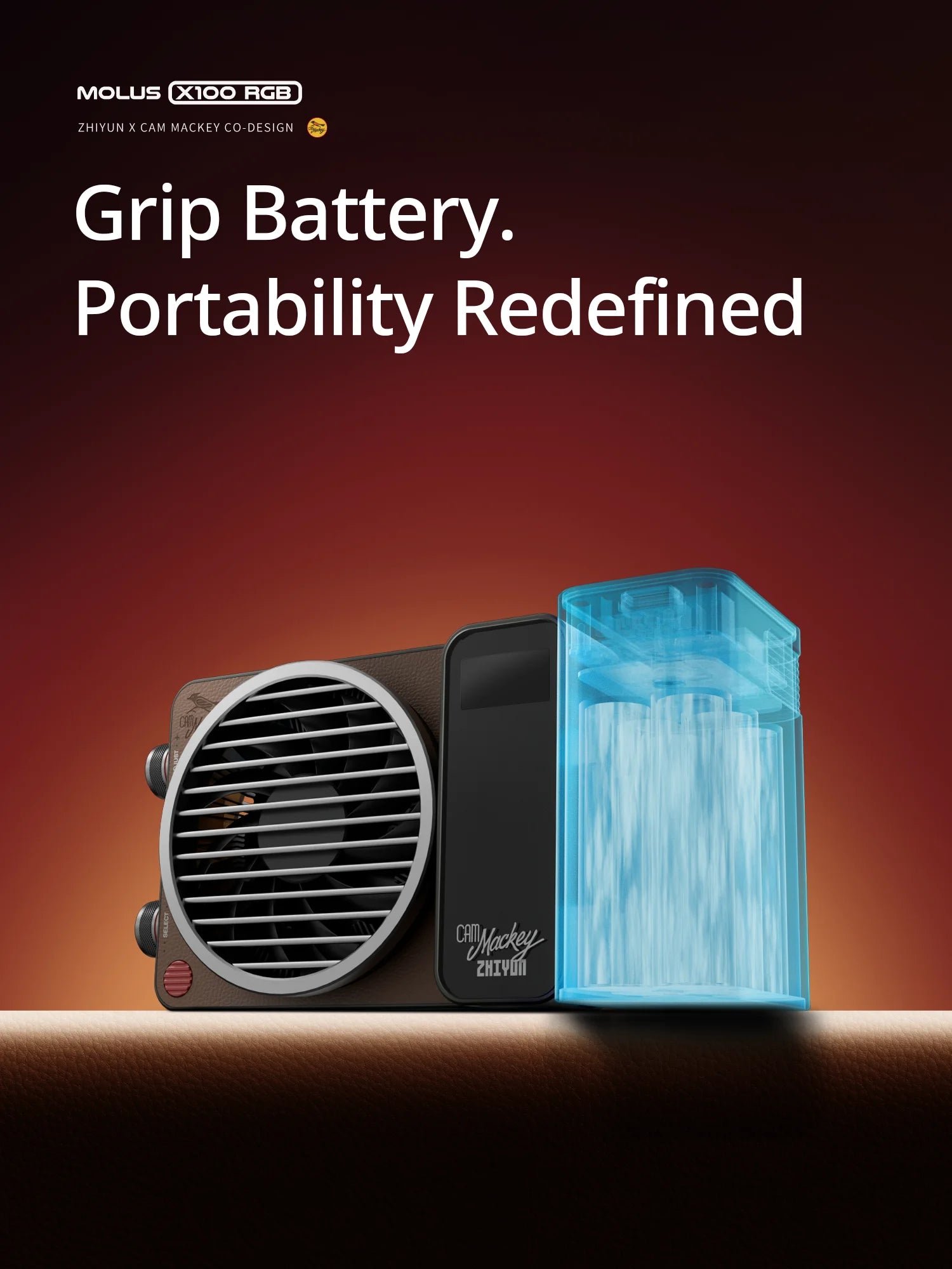Compact grip battery in dark brown and black, attached to a translucent blue power module for portable video lighting.