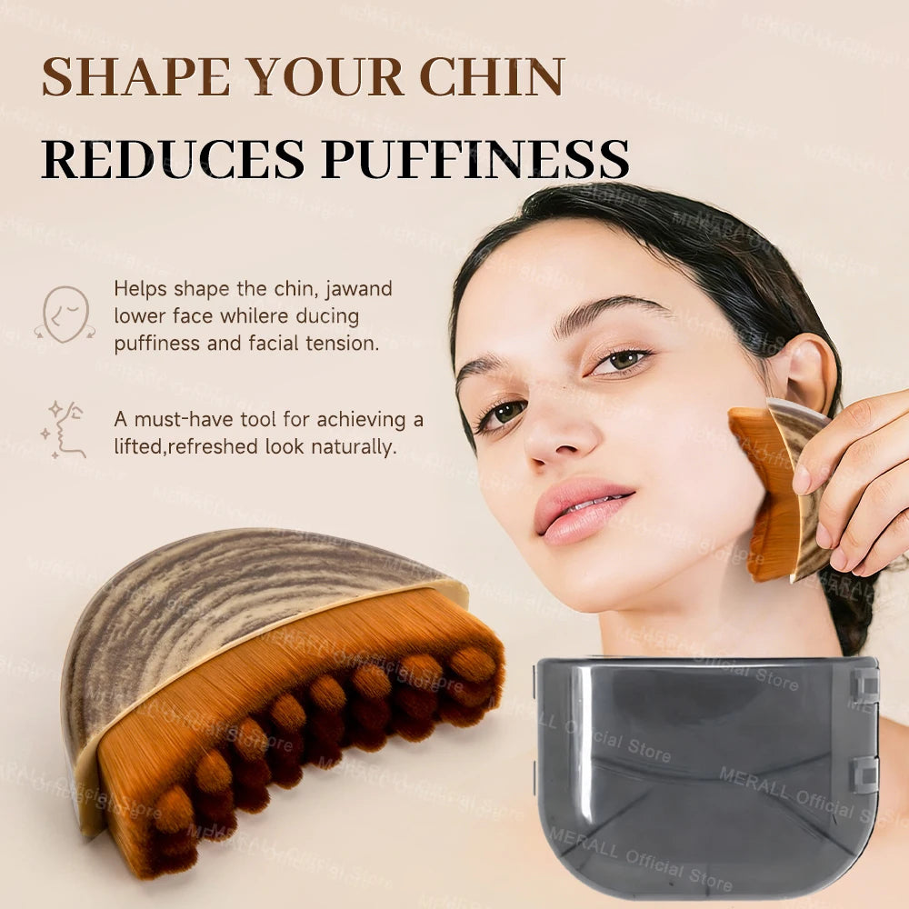 A person using a curved, brown wood-grain massage brush with dense bristles to sculpt their jawline. Includes a case.