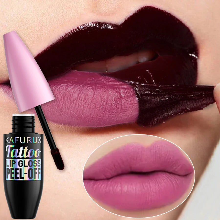Kafurux peel-off lip gloss showing dark stain being peeled to reveal a long-lasting, waterproof matte pink lip color.