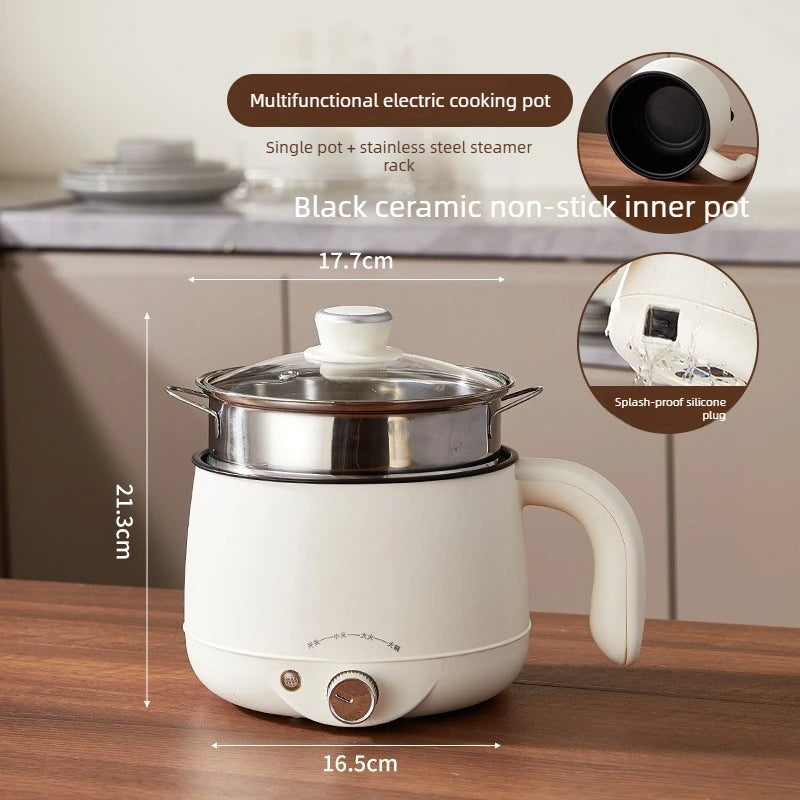 White electric hot pot with black ceramic nonstick inner and glass lid