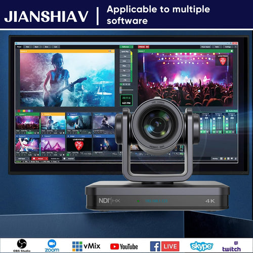 PTZ streaming camera in front of multi-screen software interface display.