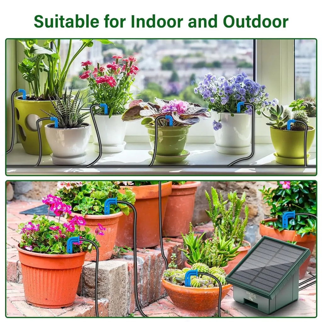 Solar irrigation kit for indoor and outdoor plants with solar panel and blue drip hoses