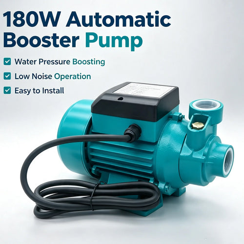 Blue automatic water pressure booster pump with black controller box and power cable.