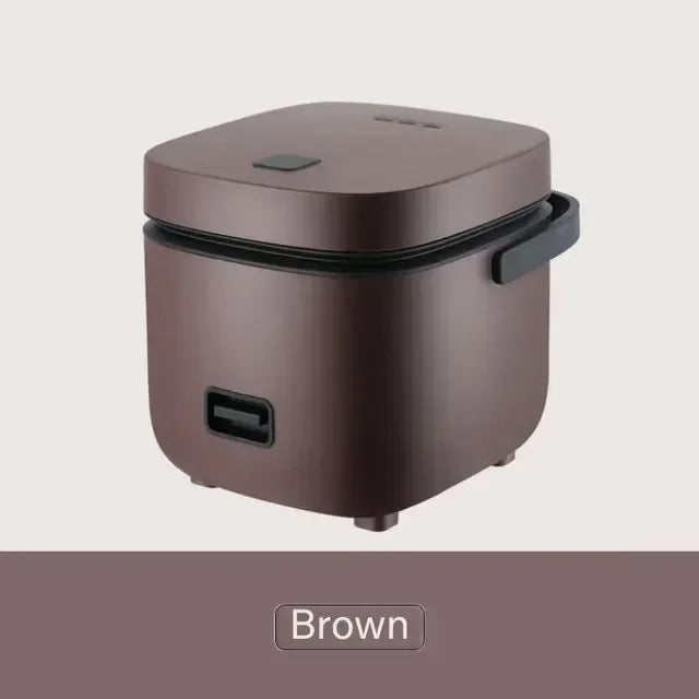 Brown mini electric rice cooker with lid and side power outlet