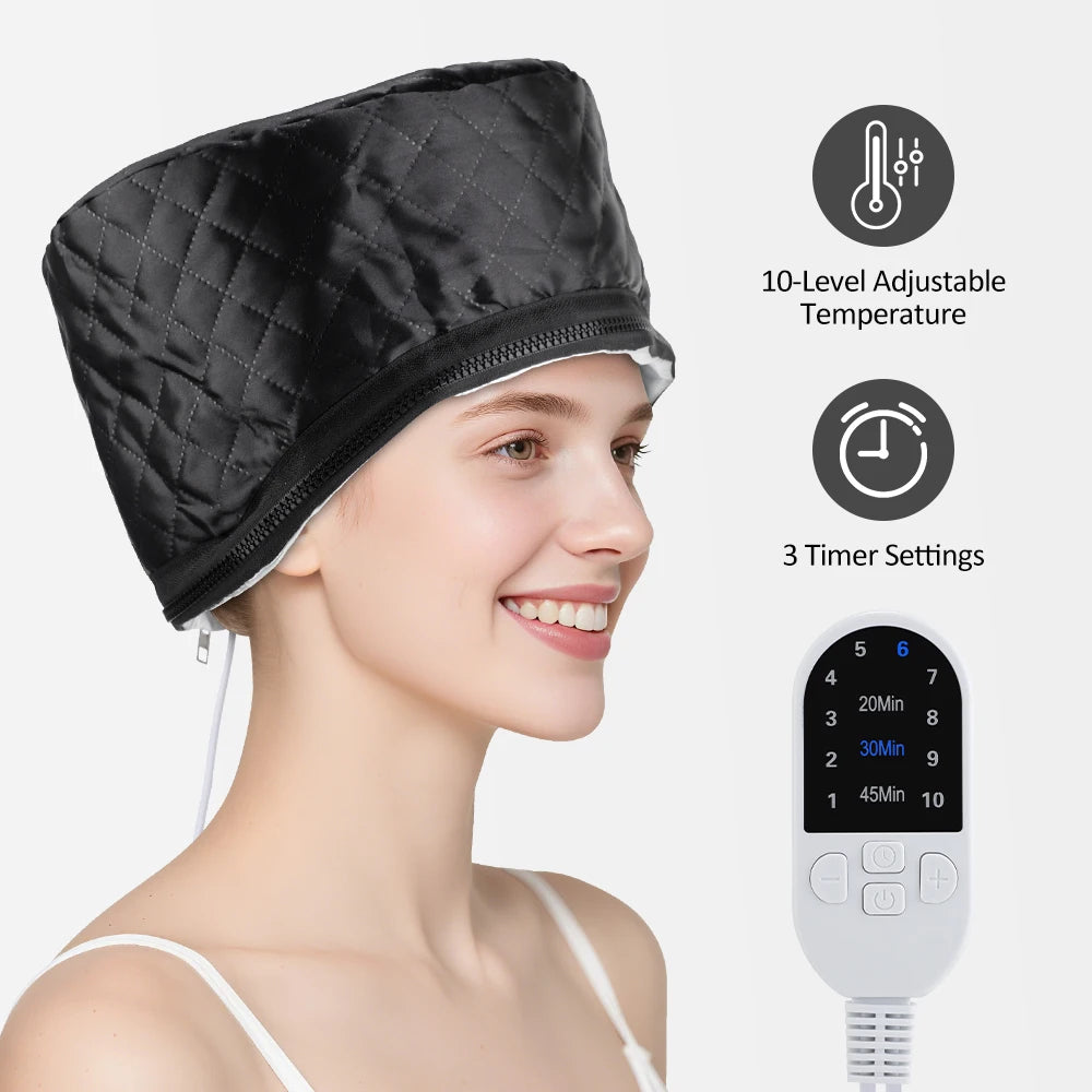 Black quilted hair steamer cap for deep conditioning with 10-level temp control and digital timer remote.