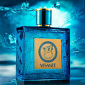 Vesante Vintage Heros 3.4oz men's fruity aromatic Eau de Cologne in a square blue bottle with intricate Greek patterns.