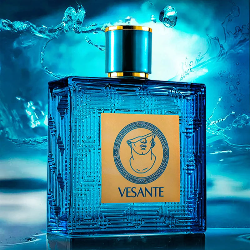 Vesante Vintage Heros 3.4oz men's fruity aromatic Eau de Cologne in a square blue bottle with intricate Greek patterns.