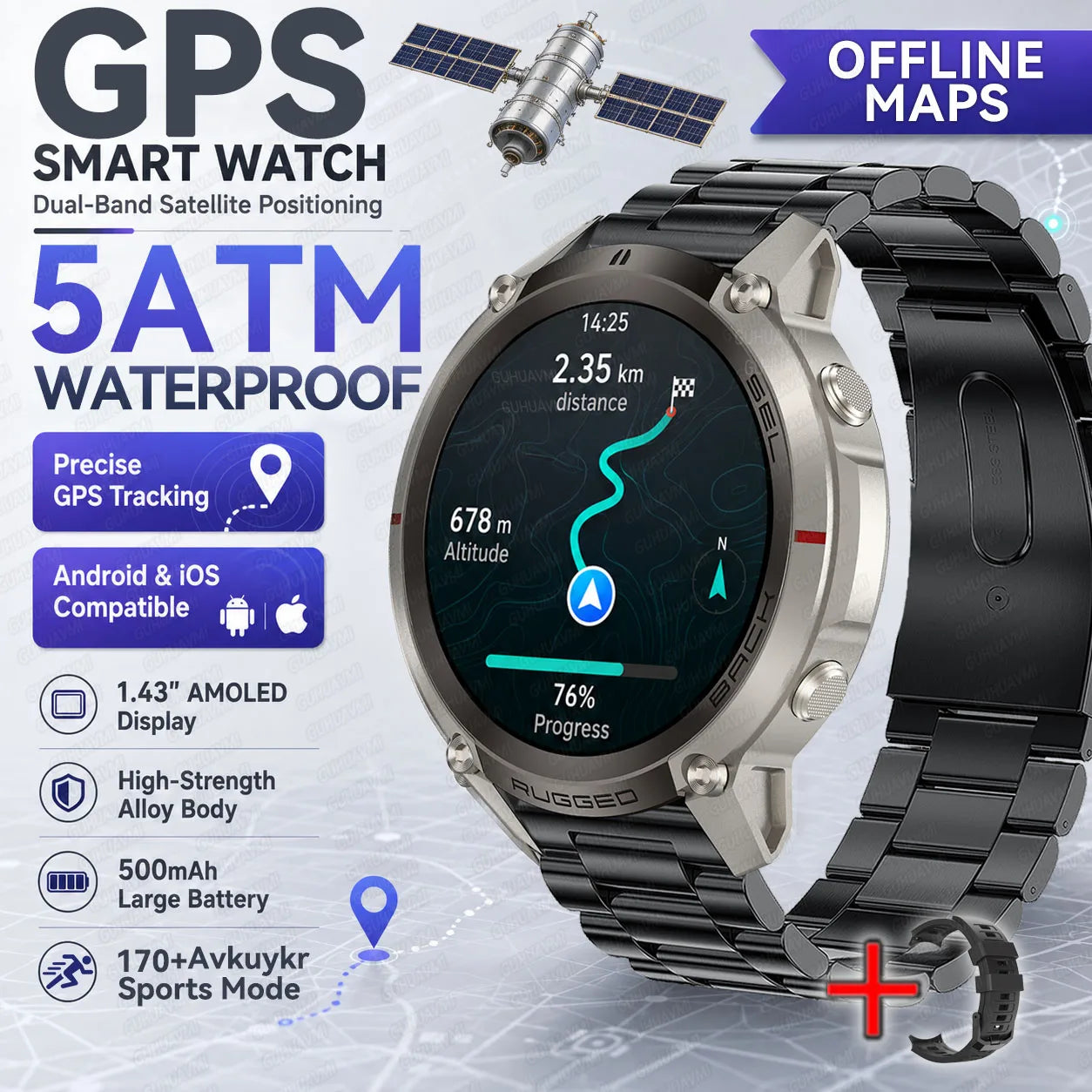 2026 Outdoor Tactical GPS 1.43"AMOLED Smart Watch Offine Map Compass Heart Rate Fitness Tracker 5ATM Waterproof Sports Watches