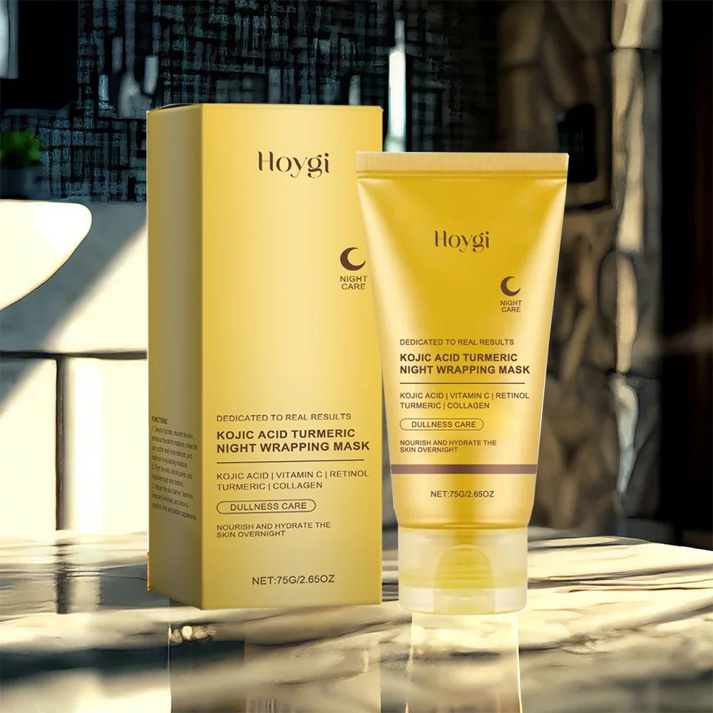 Hoygi Turmeric Kojic Acid Night Wrapping Mask tube and box, anti-wrinkle Korean skincare with collagen and Vitamin C.