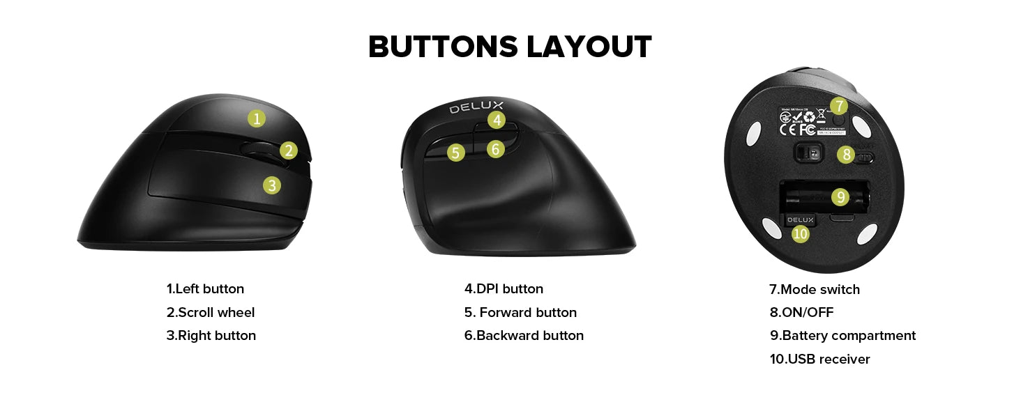 Delux M618Mini DB  Ergonomic Wireless 2.4GHz + Bluetooth Mouse  4000 DPI Vertical Mice 6 Buttons For Computer and Laptop