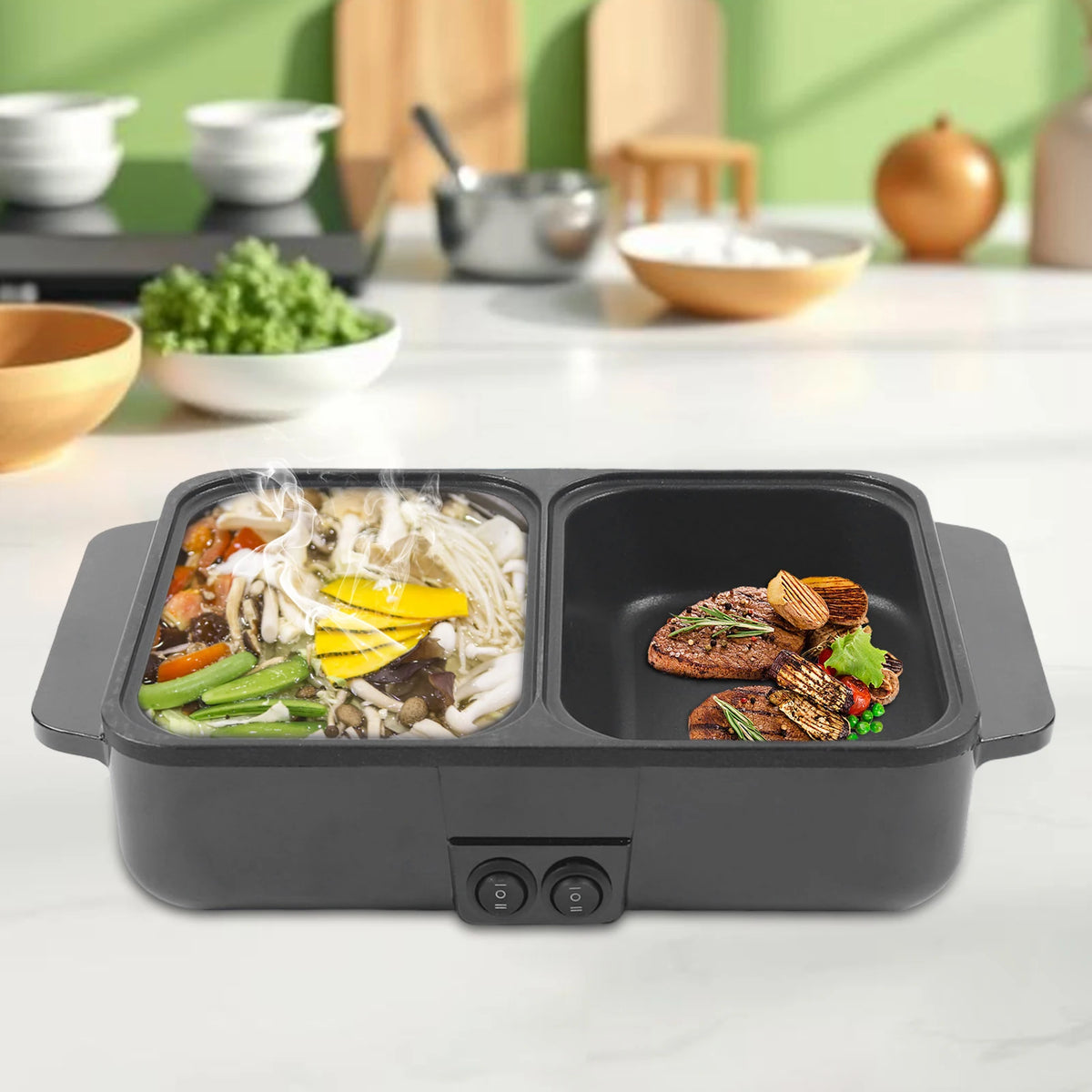 Black 2-in-1 electric hot pot and grill with dual nonstick compartments of cooked food