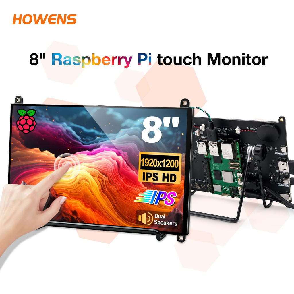 8 Inch Raspberry Pi Touch Monitor 1920×1200 IPS 10-Point Touch Screen Dual Speaker HDMI Display for Pi 5/4B/3B PC DIY Case 3D