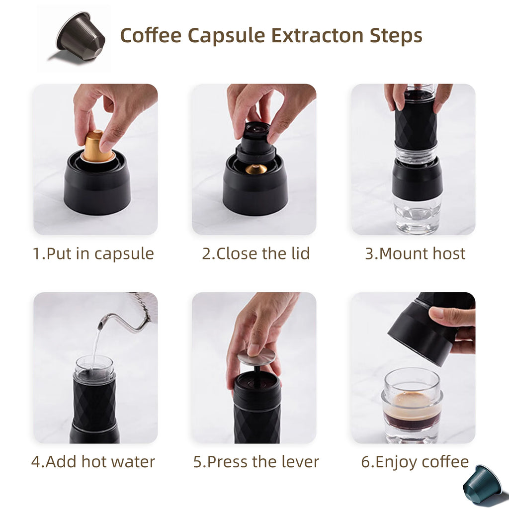 Portable manual coffee maker steps: black handheld espresso press using Nespresso capsules with glass water tank.