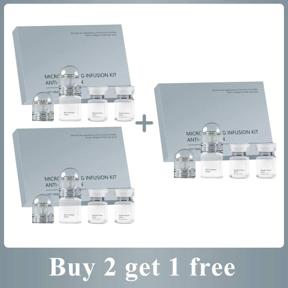 Three skincare infusion kits, each featuring a device and two serum vials, presented in grey boxes. "Buy 2 get 1 free".