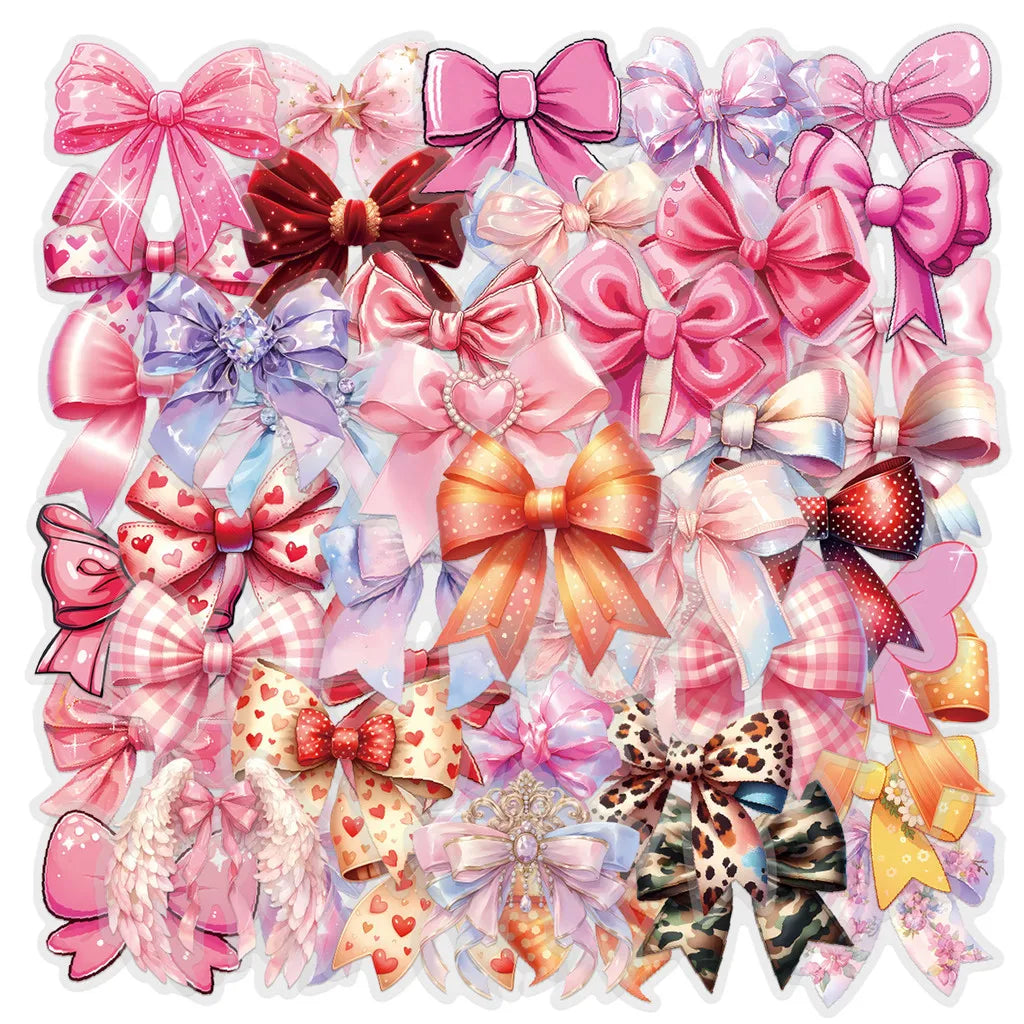 60pcs waterproof pink bow stickers for scrapbooking, journals, and cute pet accessory decoration.