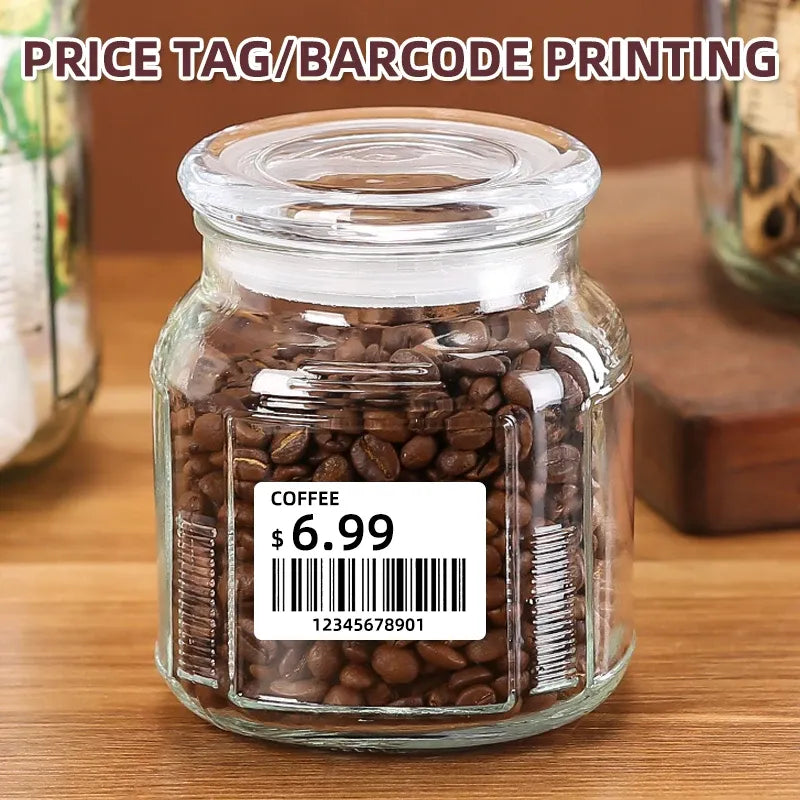 White rectangular pricing label sticker with barcode and price text on glass jar