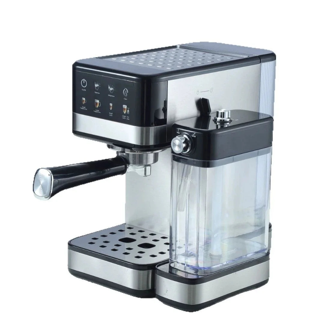 Silver and black stainless steel espresso machine with integrated milk frother and digital touch control panel.