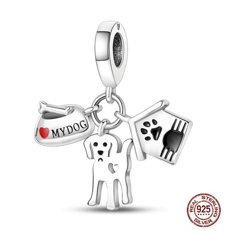 Cute 925 sterling silver dog charm pendant with pet house and bowl beads for DIY bracelets and pet lover jewelry.