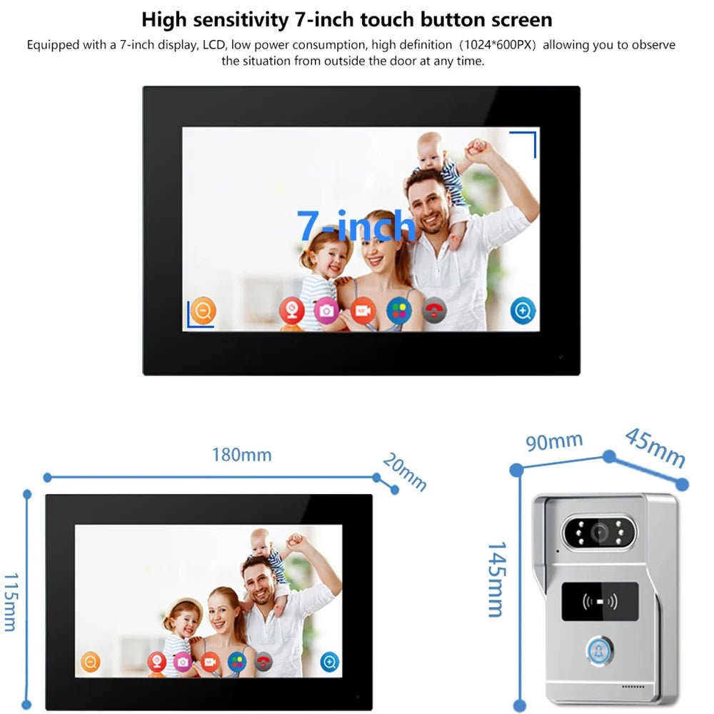 Wireless Wifi Video Doorbell System 1080P Doorphone Door Camera 7 Inch Touch Screen Video Intercom