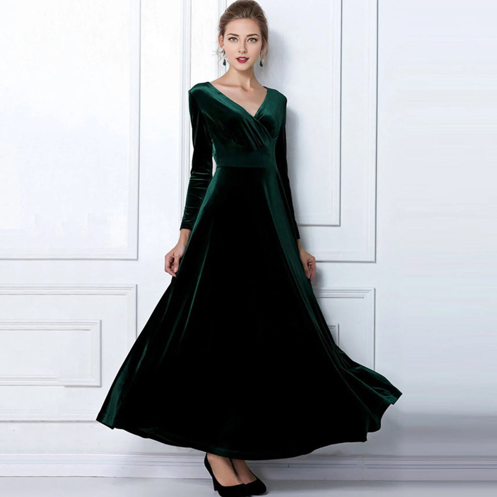 Vintage Women Autumn Long Sleeve V Neck Pleated Velvet Banquet Party Maxi Dress Party Wedding Elegant Evening dress 