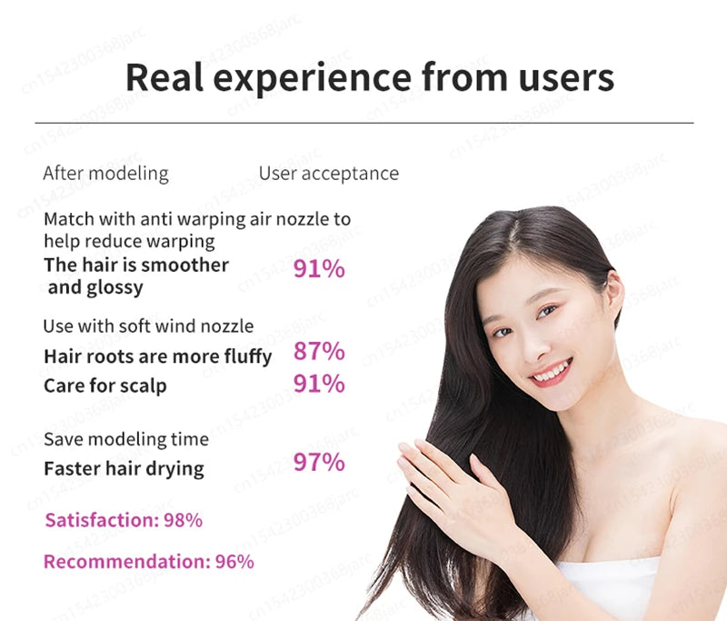 Woman showing smooth, glossy hair results from professional ionic leafless hair dryer with anti-warping attachments.
