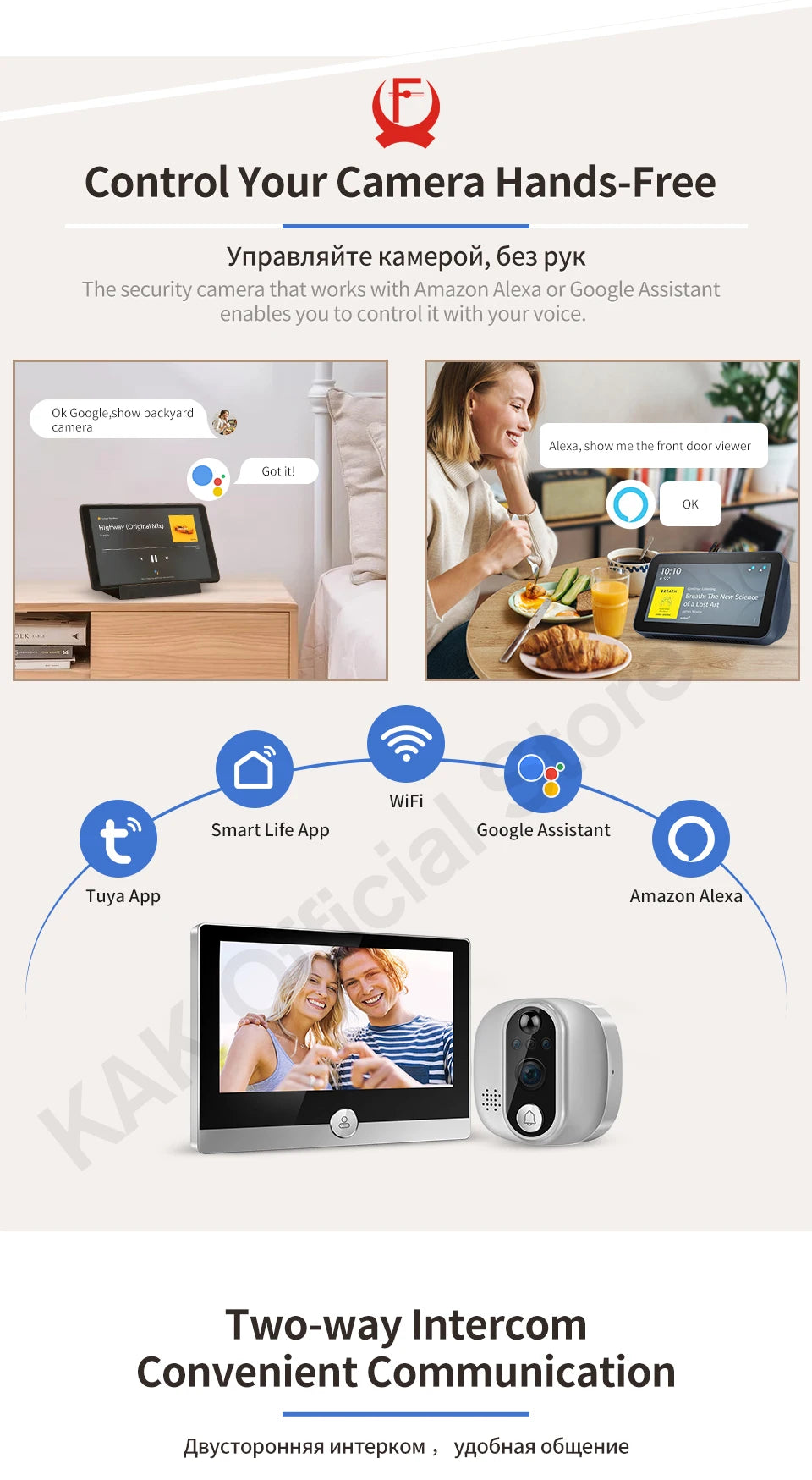 KAK Wifi Smart Door Bell Camera 4.3" Video Door Peephole Door Viewer 170 Degree Motion Detection Tuya APP Alexa Google Assistant