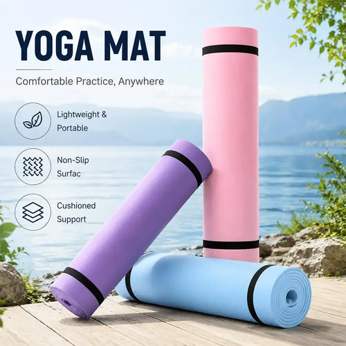 Nonslip fitness yoga mat set, smart yoga mats for pilates and exercise, side angle view of portable rolled exercise mats.