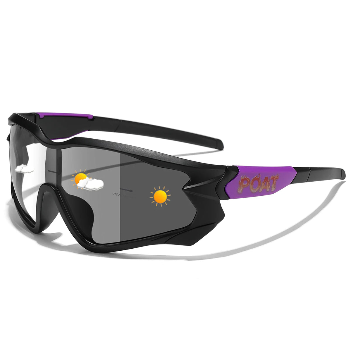 Photochromic cycling sunglasses, black frame with purple temple accents and gray lenses.