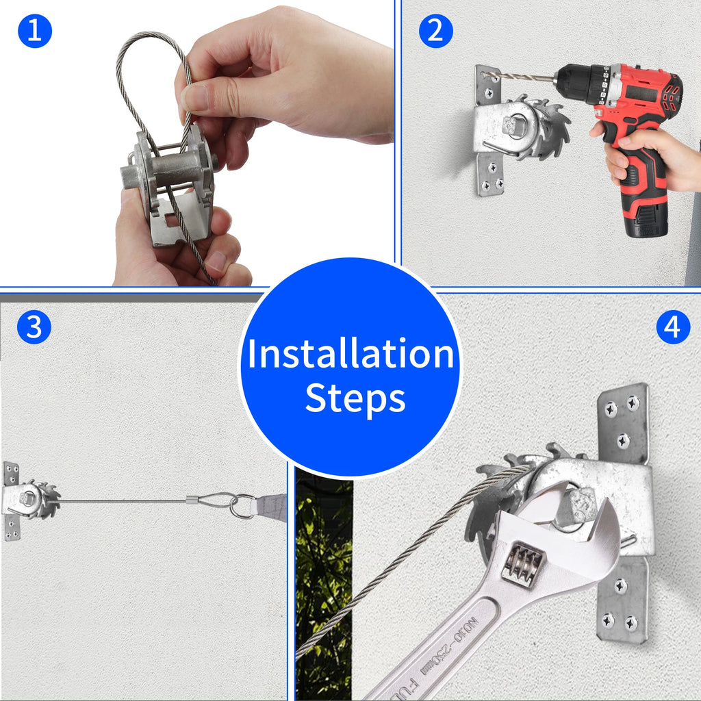 Sun shade sail installation steps showing snap hook and ratchet winch mounting