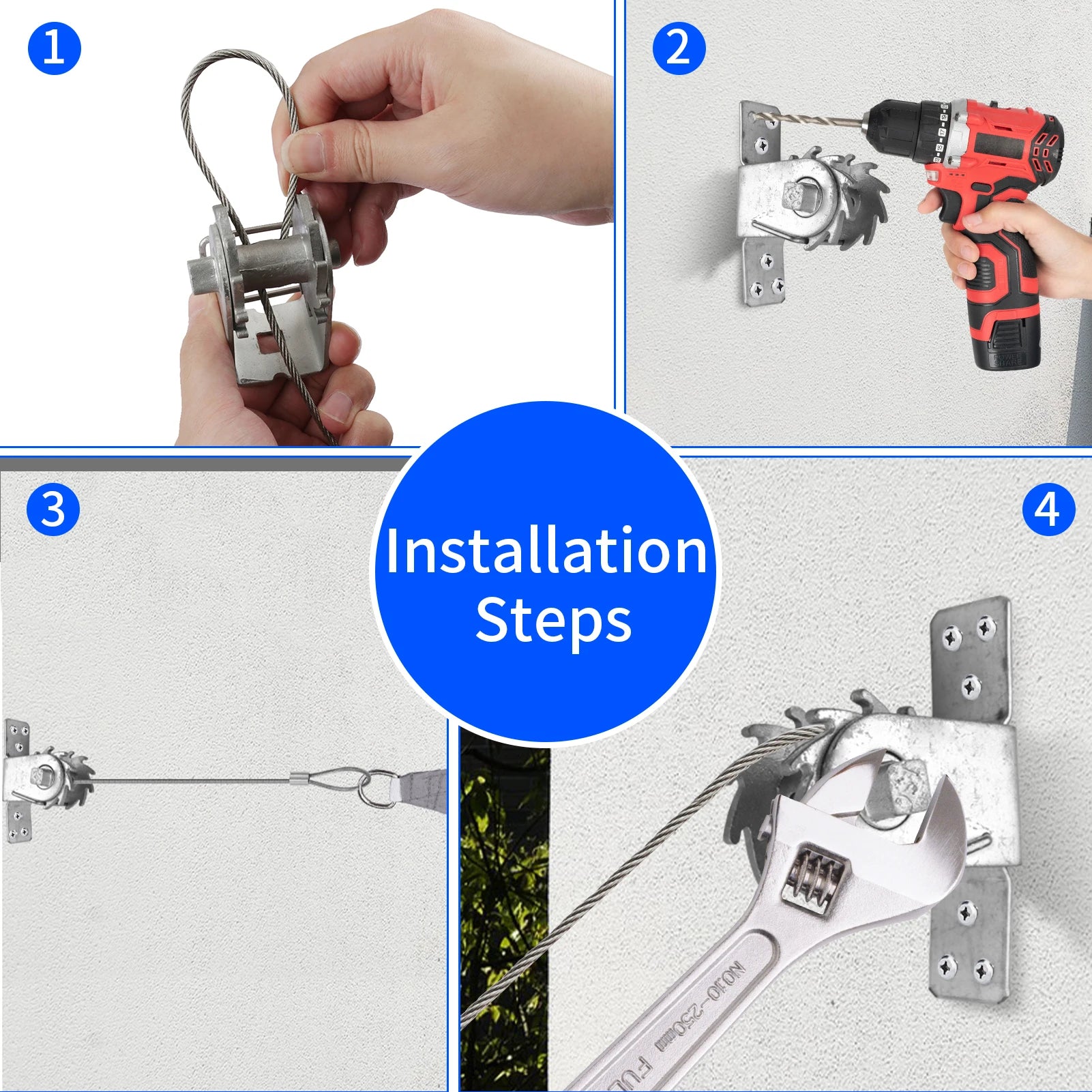 Sun shade sail installation steps showing snap hook and ratchet winch mounting