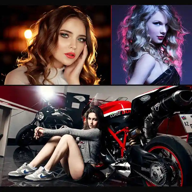 Collage featuring two women with long wavy hair and a woman posing next to a red and black Ducati sport motorcycle.